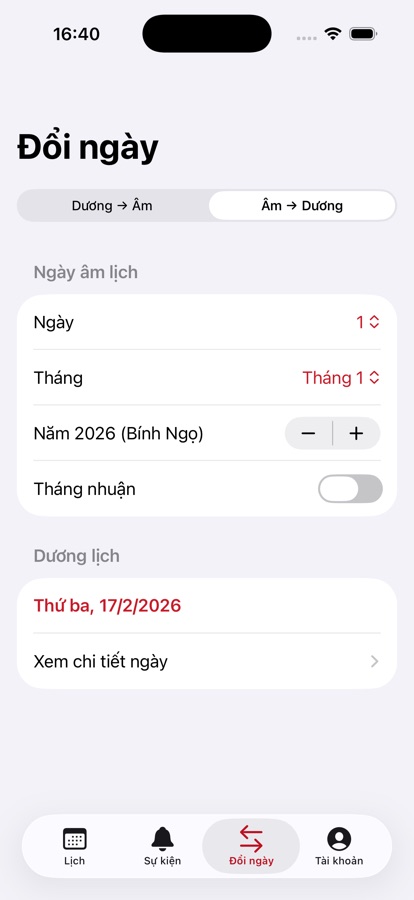 Màn hình đổi ngày âm sang dương