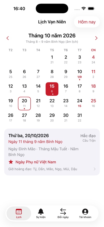 Lịch tháng với ngày âm dưới mỗi ngày dương
